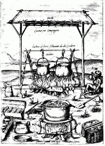 Gravure médiévale représentant des chaudrons et autres ustensiles de cuisine