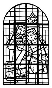 Coloriage créé à partir d'un vitrail présent dans la nef de l'église de l'Immaculée Conception, à Mangombroux (Verviers), Belgique